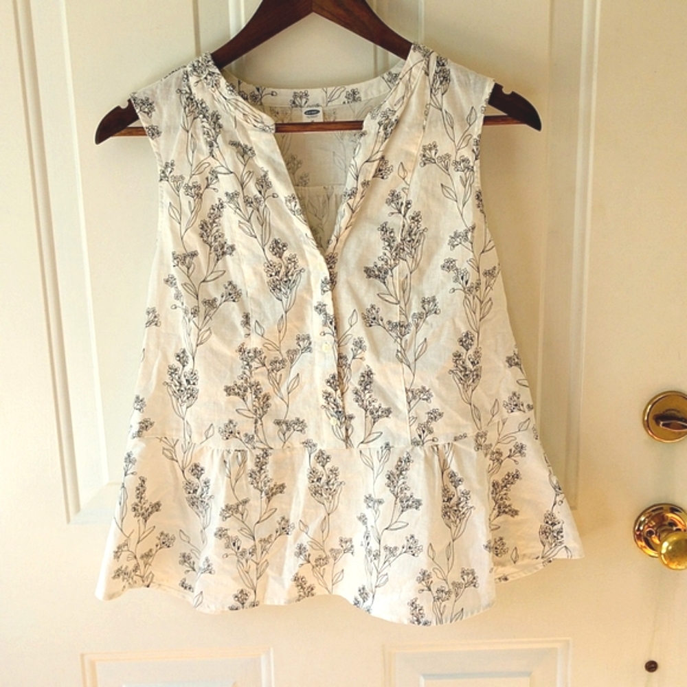 Sleeveless Linen Peplum Top, Ivory with Black Floral Print.  Women's size M.